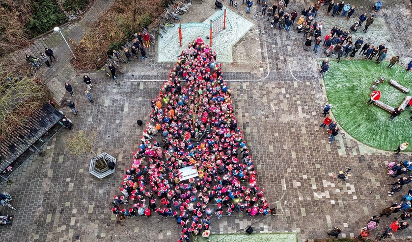 'Levende' kerstboom op het schoolplein van basisschool Essesteijn (foto: Michel Groen).