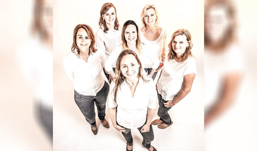 Het team van JewelEar dat onlangs is uitgebreid met audicien Merel. Verder op de foto Marije, Marieke, Dorothea, Marjolein en Eline zelf.