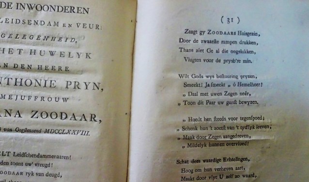 Het feestelijke trouwboekje van Jan Anthonie Prijn (1757-1801) en Stephana Zoodaar (1756-1795).