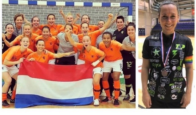 Viviënne Knegtmans in Oranje (2e linksonder) & in TPP-shirt. "Een nogal druk shirt met Rotterdam-dingen erop" (foto: privé).