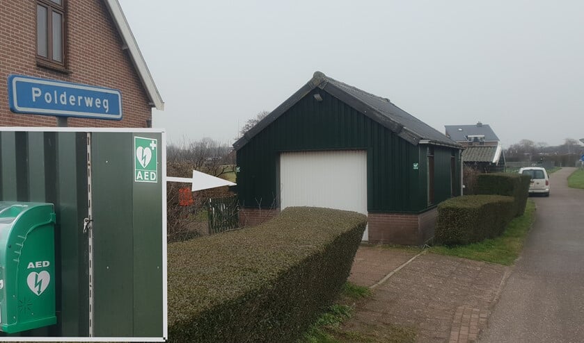 De AED aan de Oude Leedeweg 15 op het hoekje met de Polderweg.