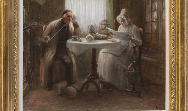 Gerke Henkes, Een genoeglijk thee-uurtje, aquarel, Kunsthandel J. van den Elshout. (Foto Charles Groeneveld)