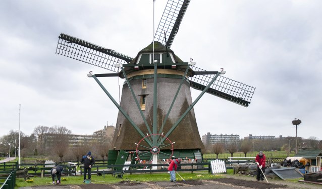 Vrijwilligers en de molenaar aan het werk in de poldertuin bij Molen De Vlieger (archieffoto: Michel Groen).