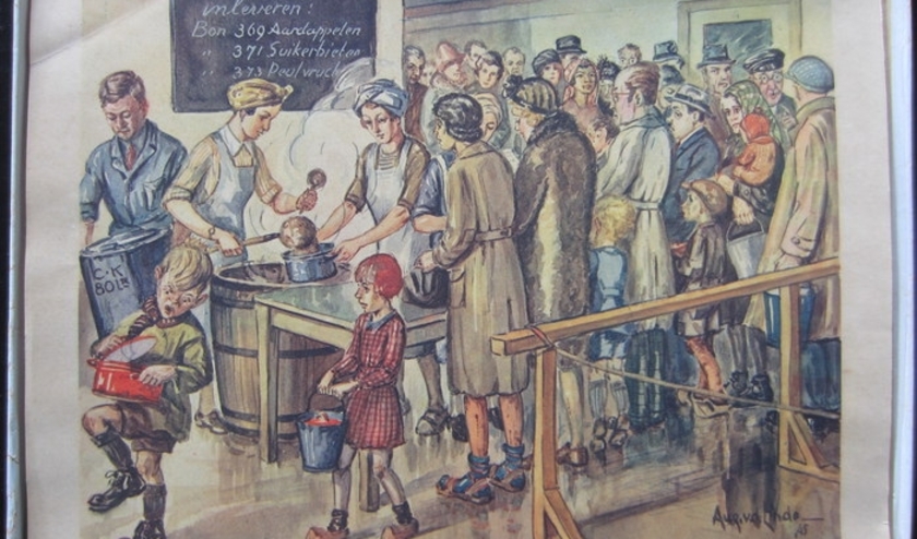 ‘Zoo was Nederland in de winter 1944-1945’ behelst 18 reproducties naar aquarellen van de kunstenaar Aug. van der Linde.