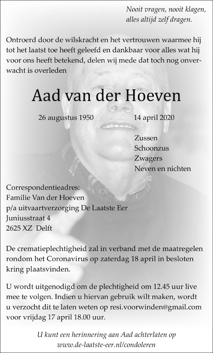 Aad van der Hoeven overleden Adverteren PijnackerNootdorp Krant en Online