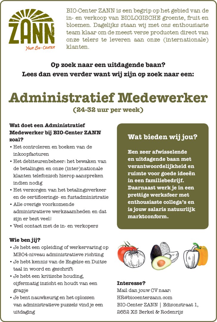 Vacature: Administratief Medewerker Bij Bio-Center Zann - Adverteren  Pijnacker-Nootdorp | Telstar-Online | Krant En Online