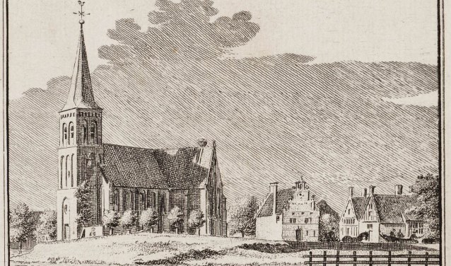 Het rechthuis van de stede Westwoud (met trapgevel) stond naast de kerk van Oosterblokker. Ets van Henricus Spilman naar een tekening van Cornelis Pronk.