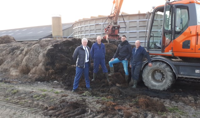 Wethouder Jan Houtenbos (links) op bezoek bij veehouder Nico van Assem in Burgerbrug. Hier is de eerste Bokashi geoogst en meteen verwerkt.