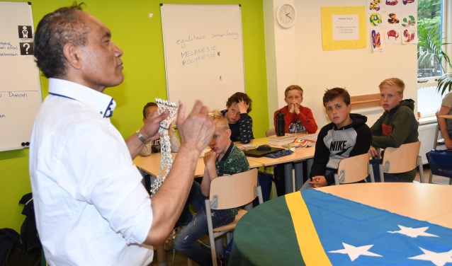 De leerlingen krijgen uitleg over de Solomons Eilanden.