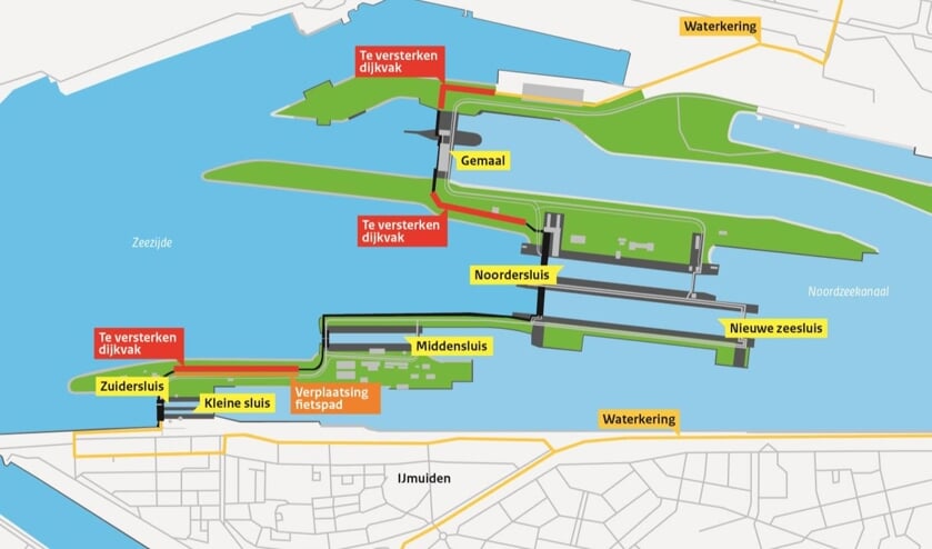 Tekening van de dijkversterking bij het sluizencomplex.