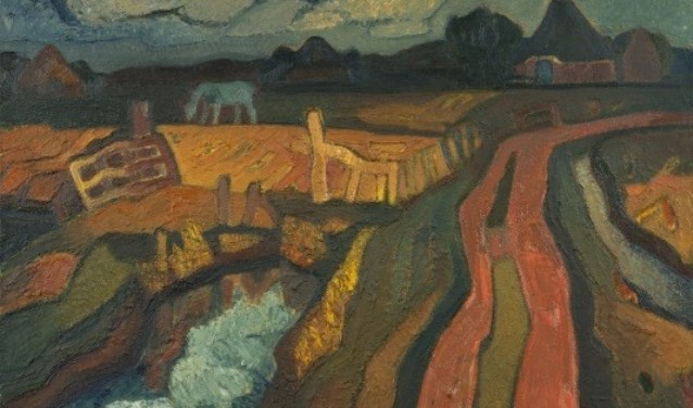 Rode landweg door Jaap Min, olieverf op doek, uit particuliere collectie.