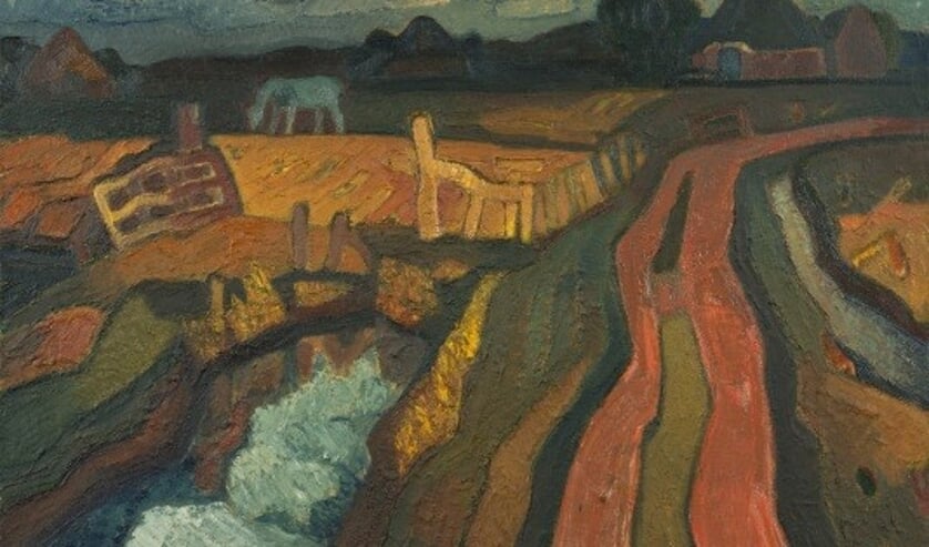 Rode landweg door Jaap Min, olieverf op doek, uit particuliere collectie.