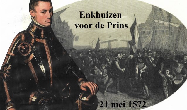 Prins Willem van Oranje met een gravure van zijn aankomst in Enkhuizen, 20 oktober 1572.