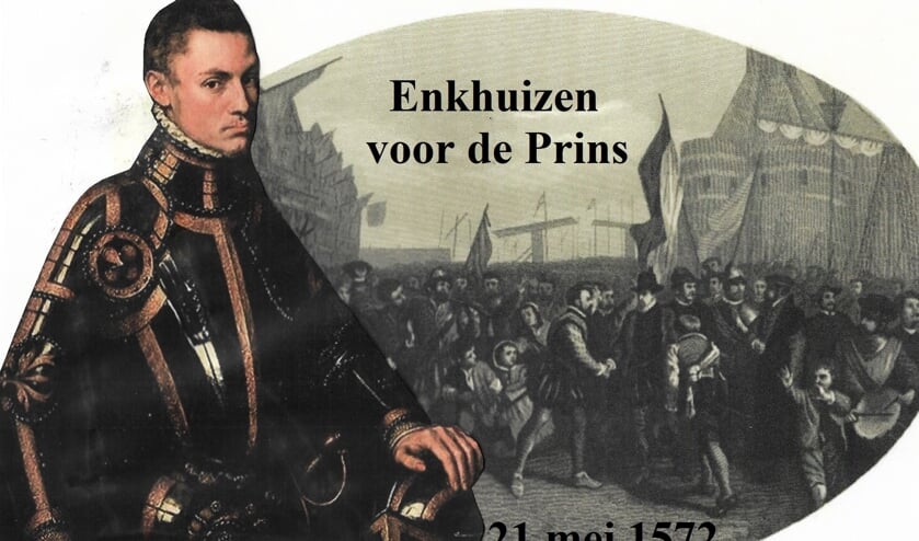 Prins Willem van Oranje met een gravure van zijn aankomst in Enkhuizen, 20 oktober 1572.