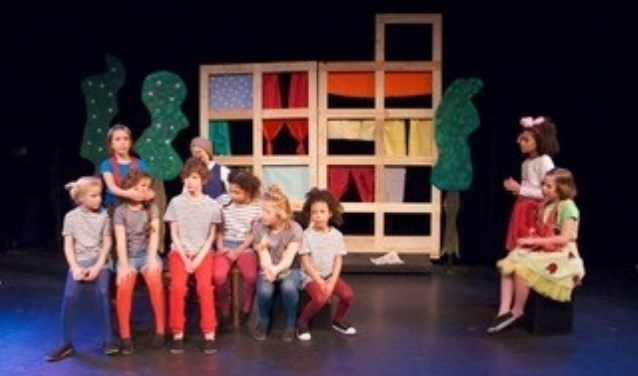 De musicalklas 7-9 jaar in de voorstelling Pluk en Aagje van Theater MUS eerder dit jaar.