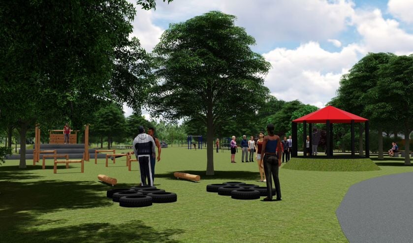 Sportief plein met diverse toestellen om buiten te bewegen