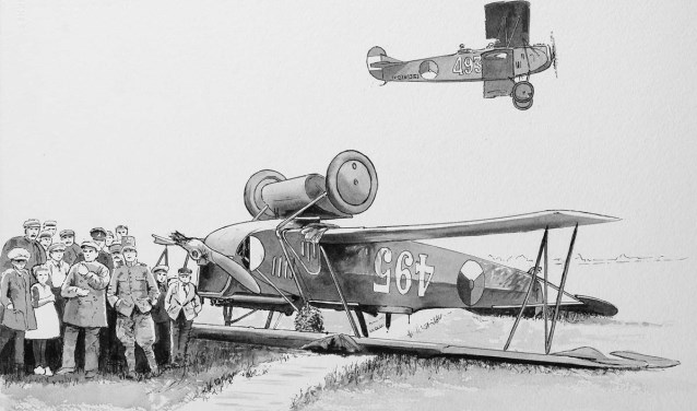 Een illustratie gemaakt door Thijs Postma van een Fokker C.1, verkenner van het Nederlandse leger in de jaren '20. 
