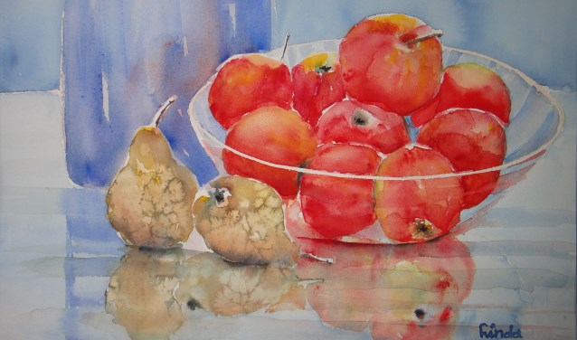 Een fruitschaal, geschilderd door Linda Mulder. 