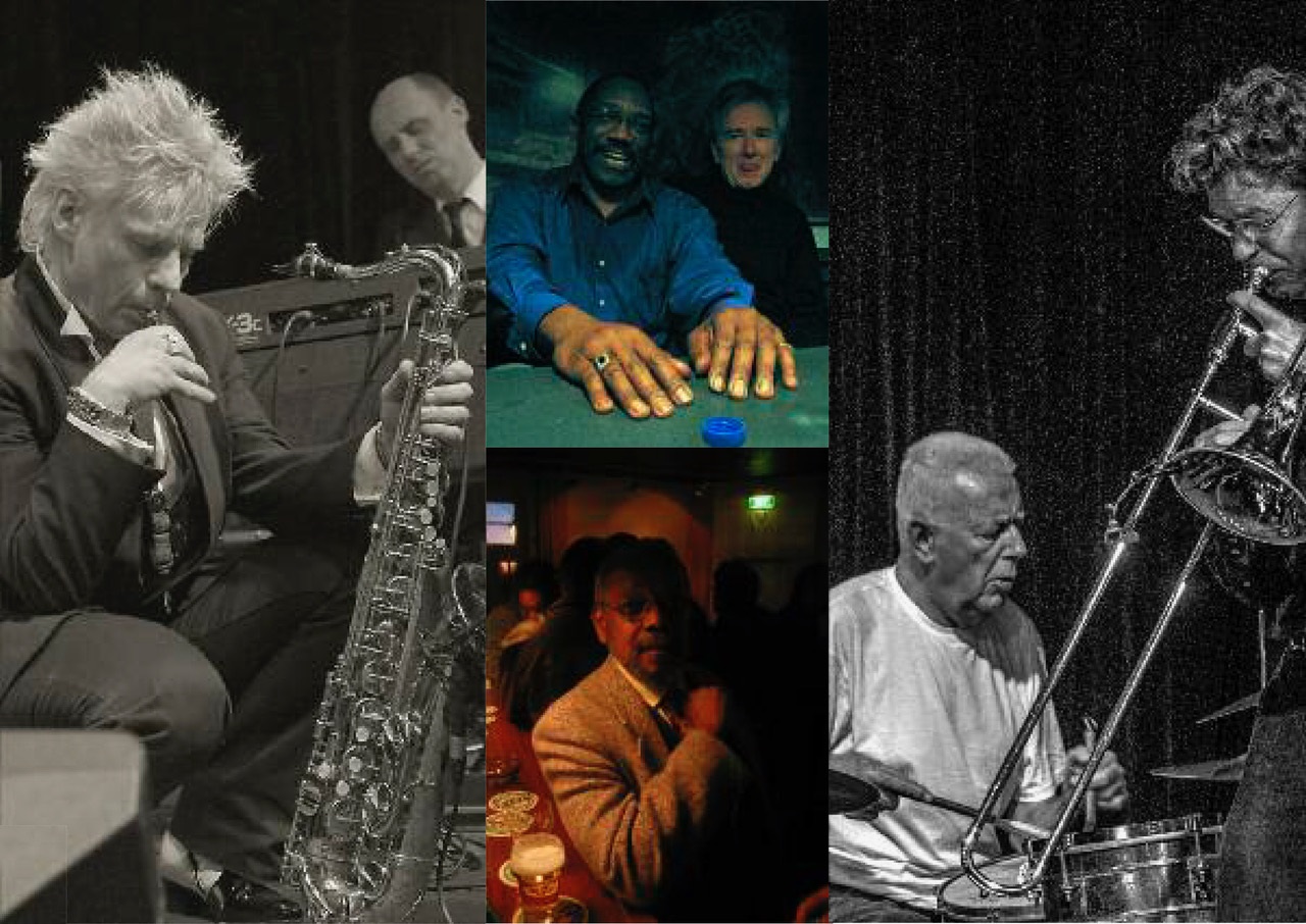 Voorzijde links: Boris van der Lek en Bart van Lier (Cor van Bruggen), midden boven: Alvin Queen en Bennie Wallace (Huub Klompenhouwer), midden onder: Sam Middleton (Huub Klompenhouwer), rechts: Han Bennink en Ray Anderson (Paul Verbunt)