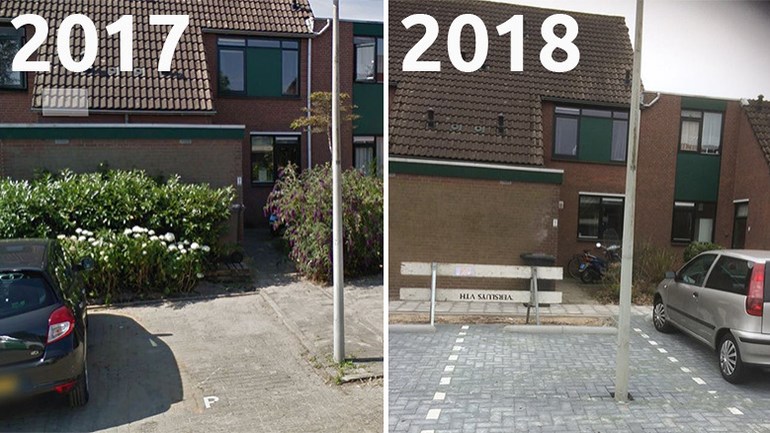 De situatie van het parkeervak voor en na. (Foto 2017: Google Streetview / Foto 2018: Jan Hendriks)