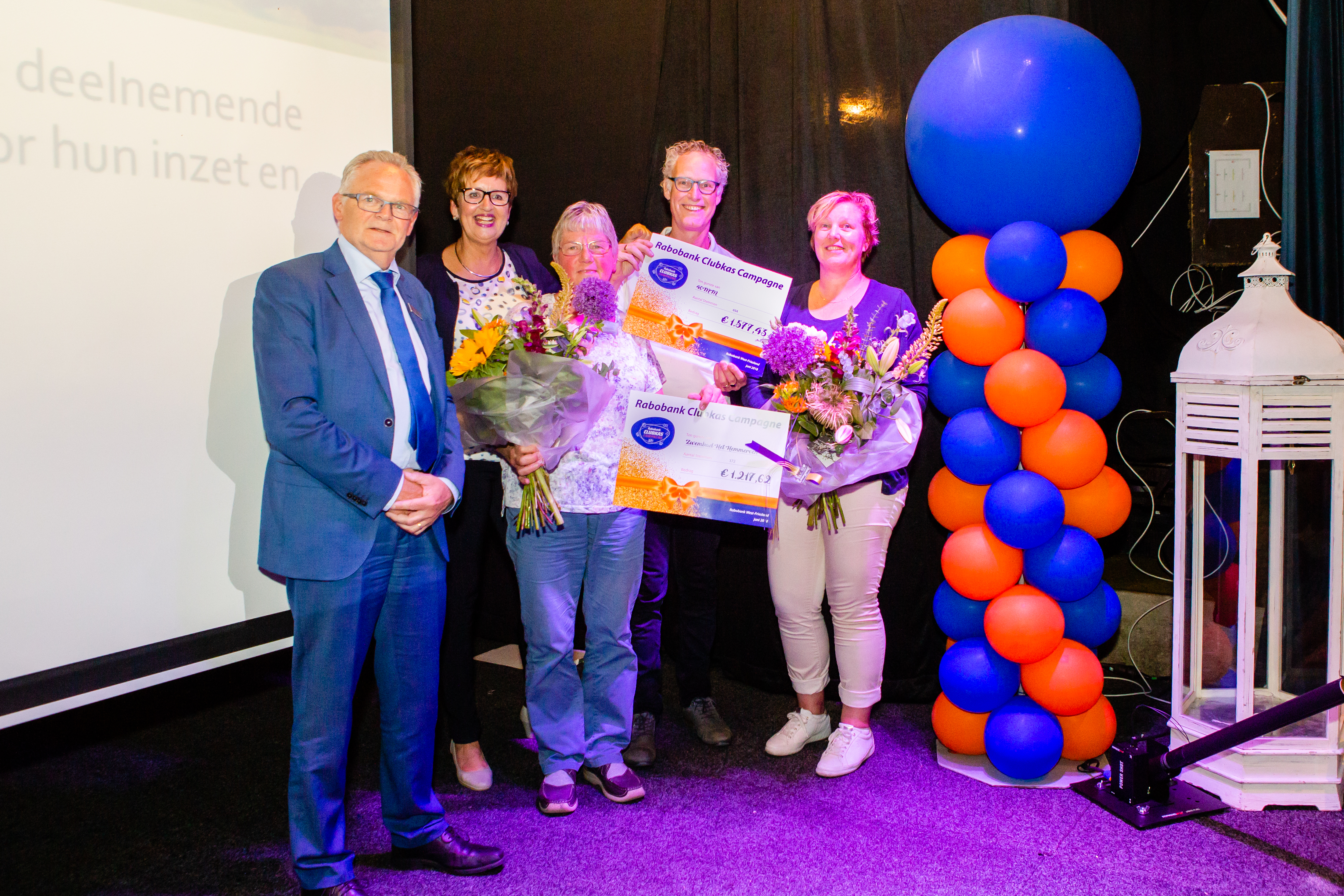 40MM en het zwembad Het Hemmerven ontvingen een prachtige cheque ter waarde van respectievelijk 1.577,43 euro voor het organiseren van de sponsorwandeltocht voor het goede doel en 1.217,62 euro voor het opknappen van de tribune bij het zwembad. (Foto: Guillaume Groen)