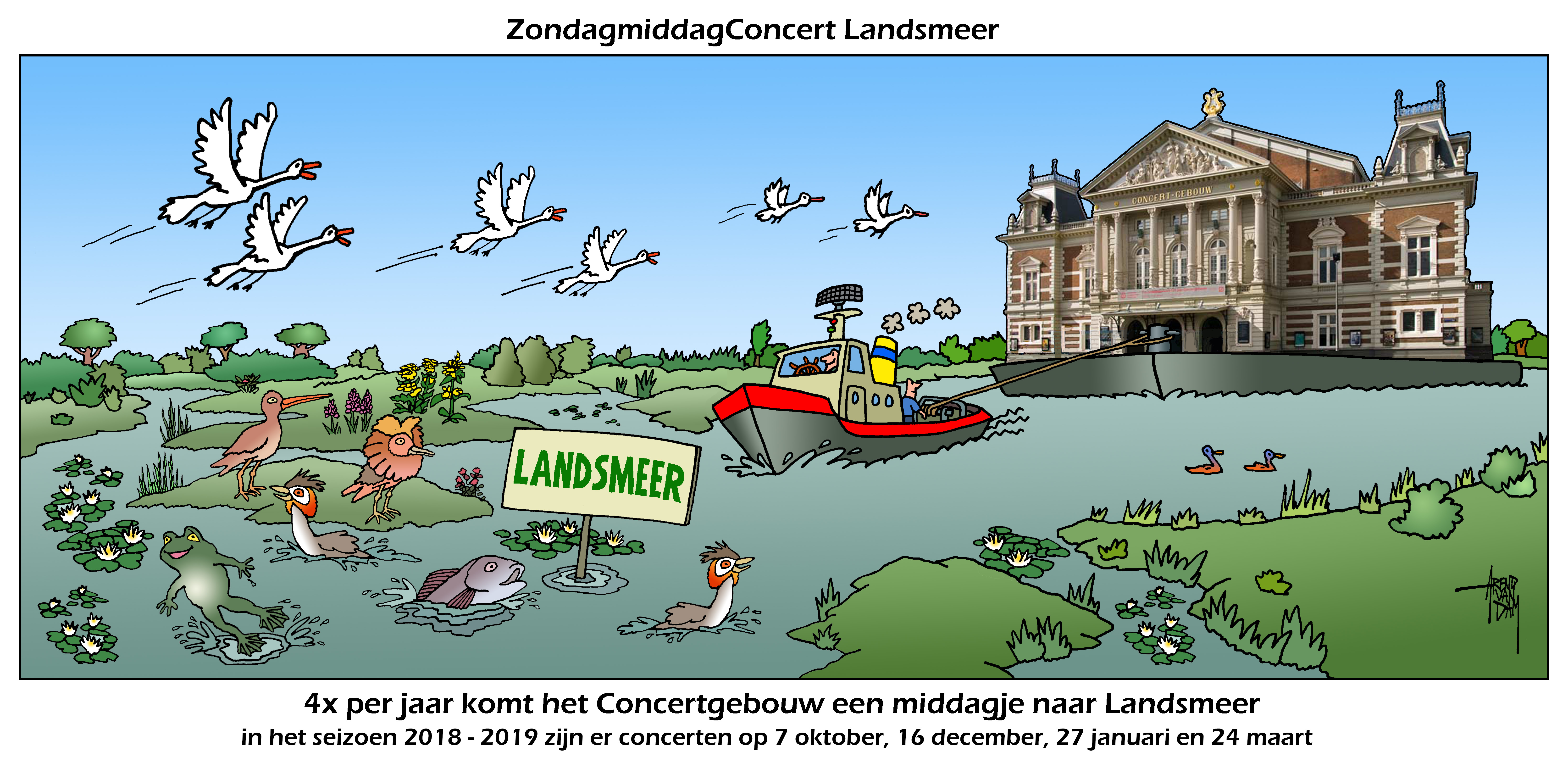 De Landsmeerse cartoonist Arend van Dam maakte deze tekening als aankondiging van de komende Zondagmiddagconcerten. (Tekening: aangeleverd)