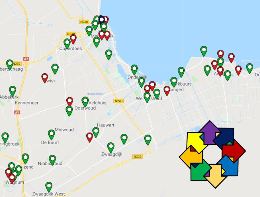 Kaart Google / Post.nl – Alleen de in rood aangegeven brievenbussen binnen de gemeente Medemblik staan op de lijst om te worden verwijderd. (Foto: aangeleverd)
