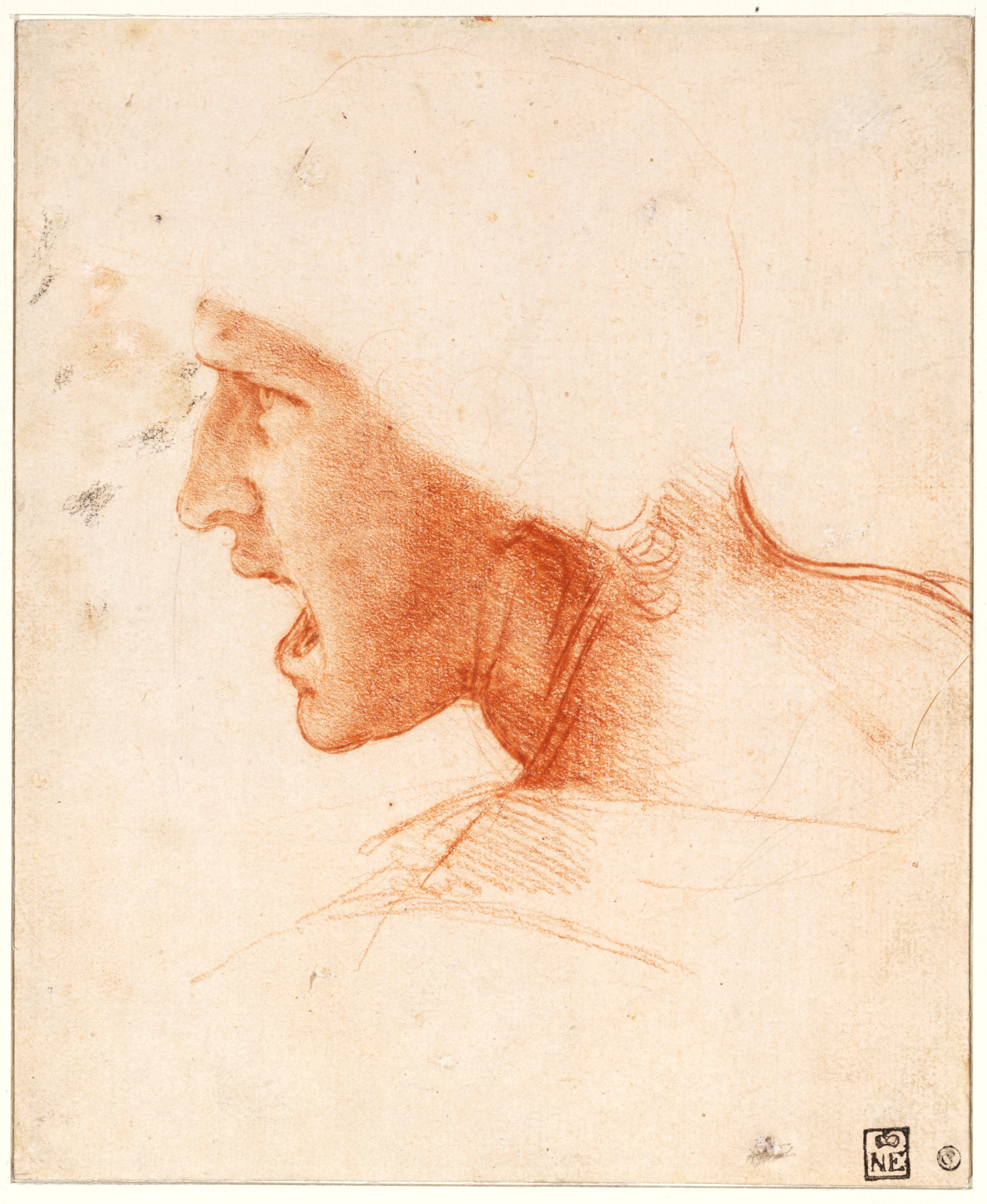 Leonardo da Vinci (1452-1519), Studie van het hoofd van een jonge krijger in profiel naar links, ca. 1504-05. Szépmüvészeti Múzeum Boedapest.
