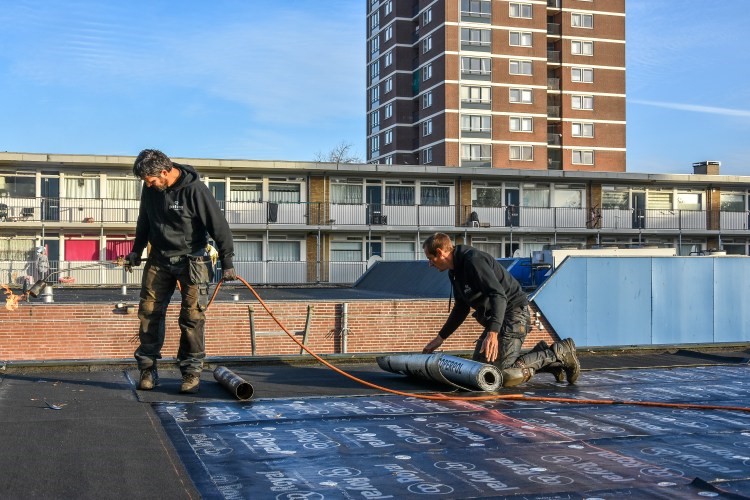 De dakhelden van firma Patina uit Beverwijk brengt geheel vrijwillig dakbekleding aan. (Foto: aangeleverd)