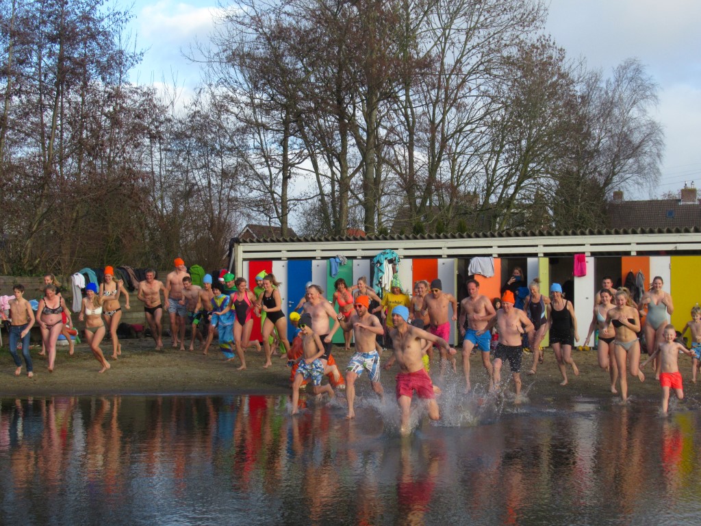Een sprong in het diepe van natuurzwembad 't Petje tijdens de Nieuwjaarsduik. (Foto: Theo Moras)