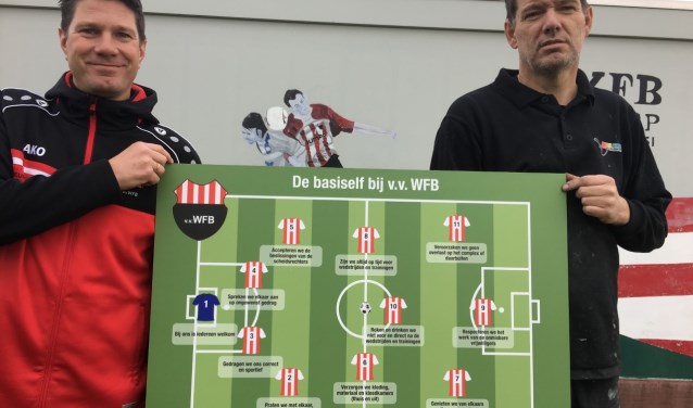 Jeugdvoorzitter Johan Westhoeve van WFB neemt het bord met 'de basiself' in ontvangst van sponsor Bert Meuleman van Meuleman Autoschade.