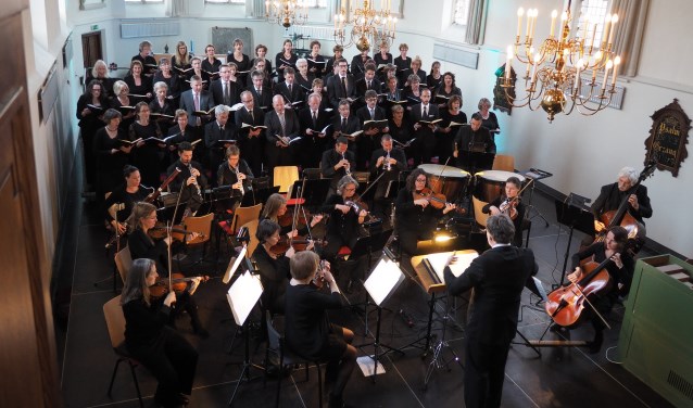 Vaste organist Wim Diepenhorst begeleidt het koor en de verrassing van de middag is de jonge veelbelovende harpiste Joline Sperling. (Foto: Roel den Engelsman)