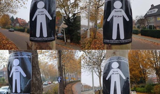 Poppetjes met namen van verkeersslachtoffers.