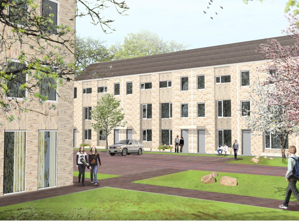 Een sfeerimpressie van hoe de nieuwe woningen eruit zouden kunnen gaan zien. Uiteindelijk maakt een ontwikkelaar een ontwerp.