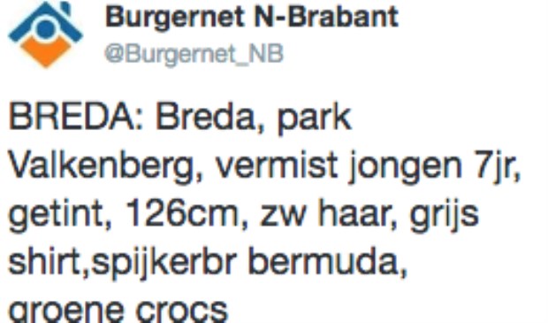 Burgernet: 7-jarig jongetje vermist vanuit 't Valkenberg