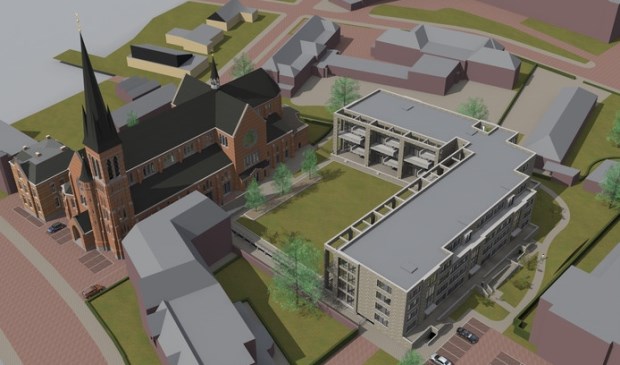Een impressie van de gerestaureerde kerk en het nog te bouwen appartementenblok.