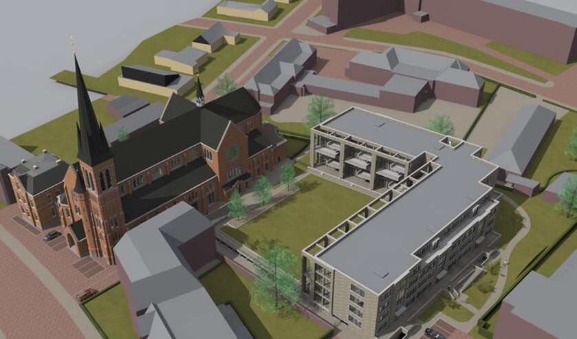 Een impressie van de gerestaureerde kerk en het nog te bouwen appartementenblok.