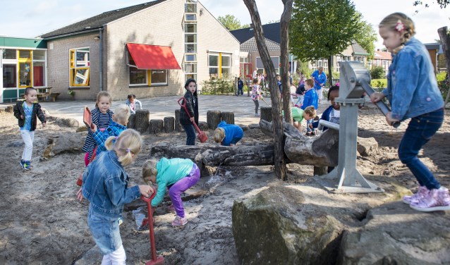 Op een groen schoolplein leren en ontdekken kinderen in de buitenlucht.