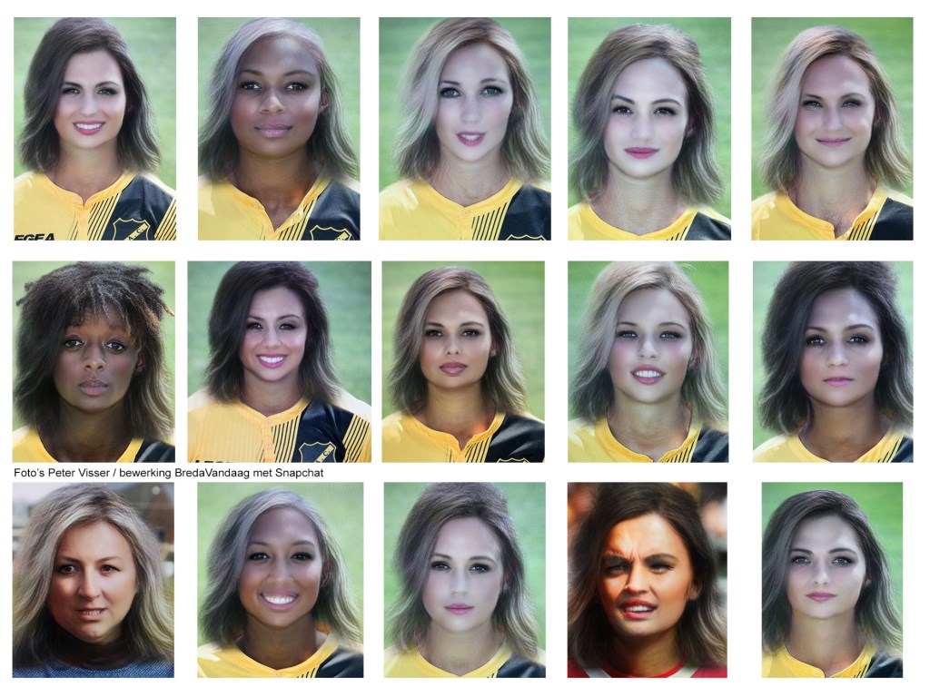 NAC-elftal 2018-2019 als vrouw, met behulp van Snapchat.