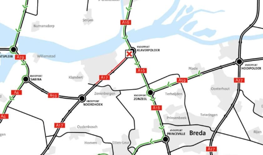 De weg is van knooppunt Klaverpolder tot afrit Zevenbergen afgesloten.