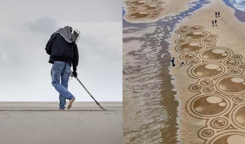 Strandkunstenaar Tim Hoekstra maakt kunst op zandplaat in Oosterschelde