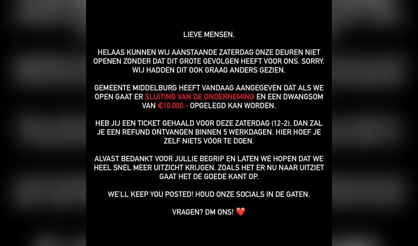 Dreiging dwangsom of sluiting: de Nacht staat zaterdag niet op in Middelburg