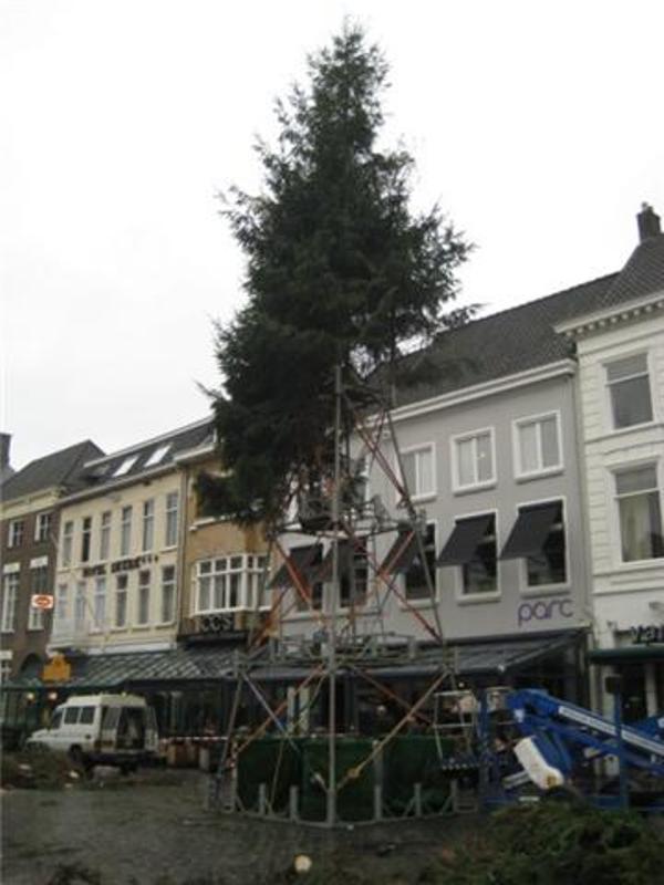 Het opzetten van de kerstboom op de Grote Markt