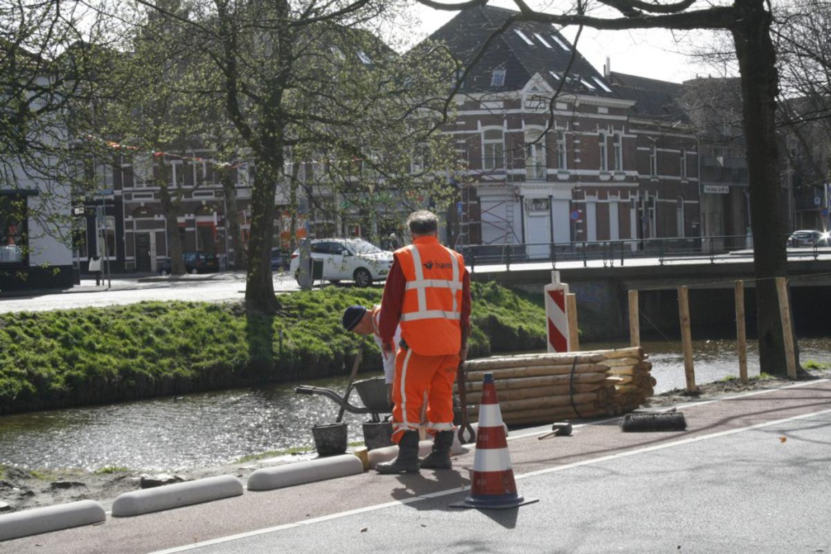 Er worden paaltjes en stootbanden geplaatst op de Tramsingel om wildparkeren te voorkomen. Foto Anne Kooman