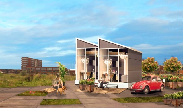 Een geschakelde Mini Villa op een open liggend stuk grond.