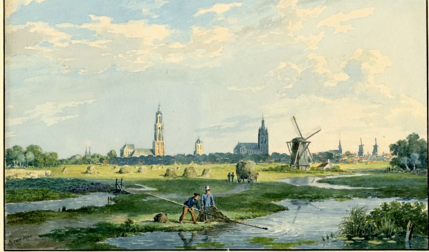 Delft gezien vanuit het noorden, circa 1830. (illustratie: Gemeentearchief Delft)