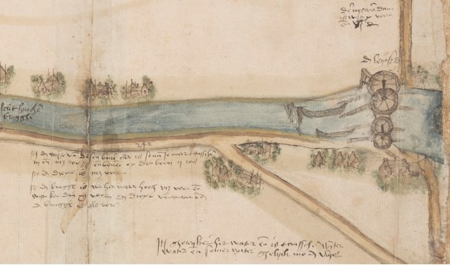 De windassen van de Leidschendam op een kaart van Coenraet Oelenz, 1555 (TMS 119502)