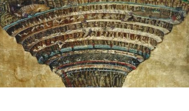 Eén van de 102 nauwgezette tekeningen van Botticelli waarmee hij Dantes beschrijvingen tot leven heeft gebracht.