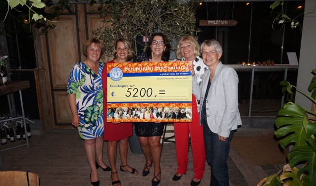 Mevrouw Lenie Scholten (rechts op foto), voorzitter van de stichting Wereldvrouwenhuis, neemt de cheque in ontvangst.