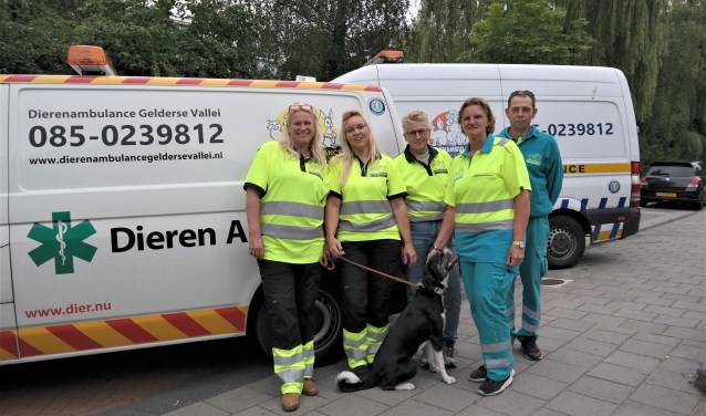 Enkele vrijwilligers van de Dierenambulance Gelderse Vallei. Links voorzitter Daniëlle Fränkel met naast haar Natasja Diepeveen en tweede van rechts Wilma Trommelen.
